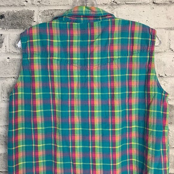 Ely Vintage Pearl Snap Plaid Sleeveless Button Down Western Shirt - Picture 6 of 8